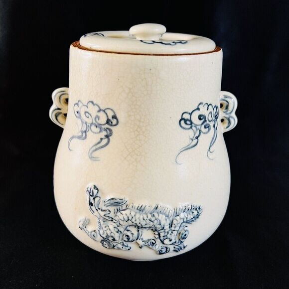 Oriental Chinese Blue White Embossed Dragon Foo Dog Handle Ginger Jar Antique?
